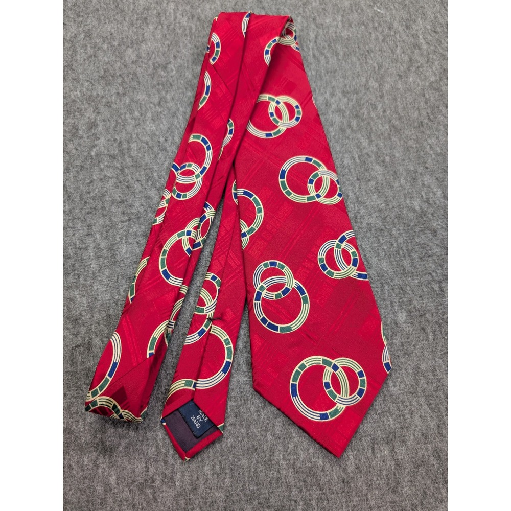 Polo Ralph Lauren Red Silk Tie Interlocking Circles Geometric Hand Made Mens